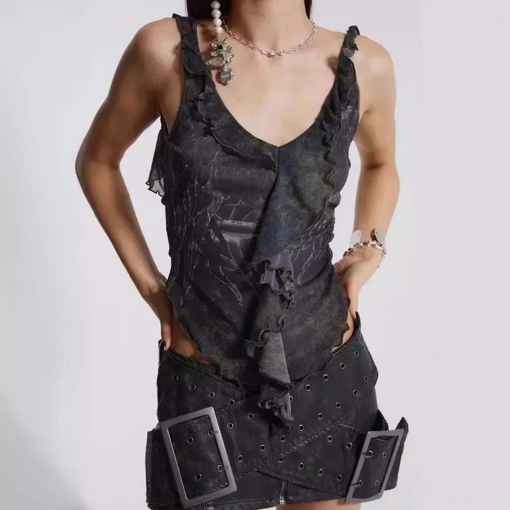 

Hot Girl Backless Strap Vest Top Women's Folded Hem Print Retro Style Summer Fashion Polyester Material Sleeveless Top