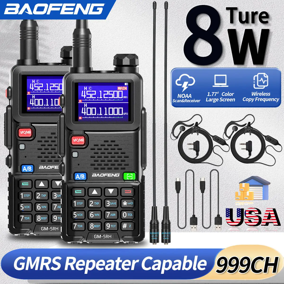 2X BAOFENG GM-5RH GMRS Walkie Talkie Wireless Copy Frequency 999CH High Gain Type-C NOAA UV-5R UV-5RH UV-5RM Ham Two Way Radio