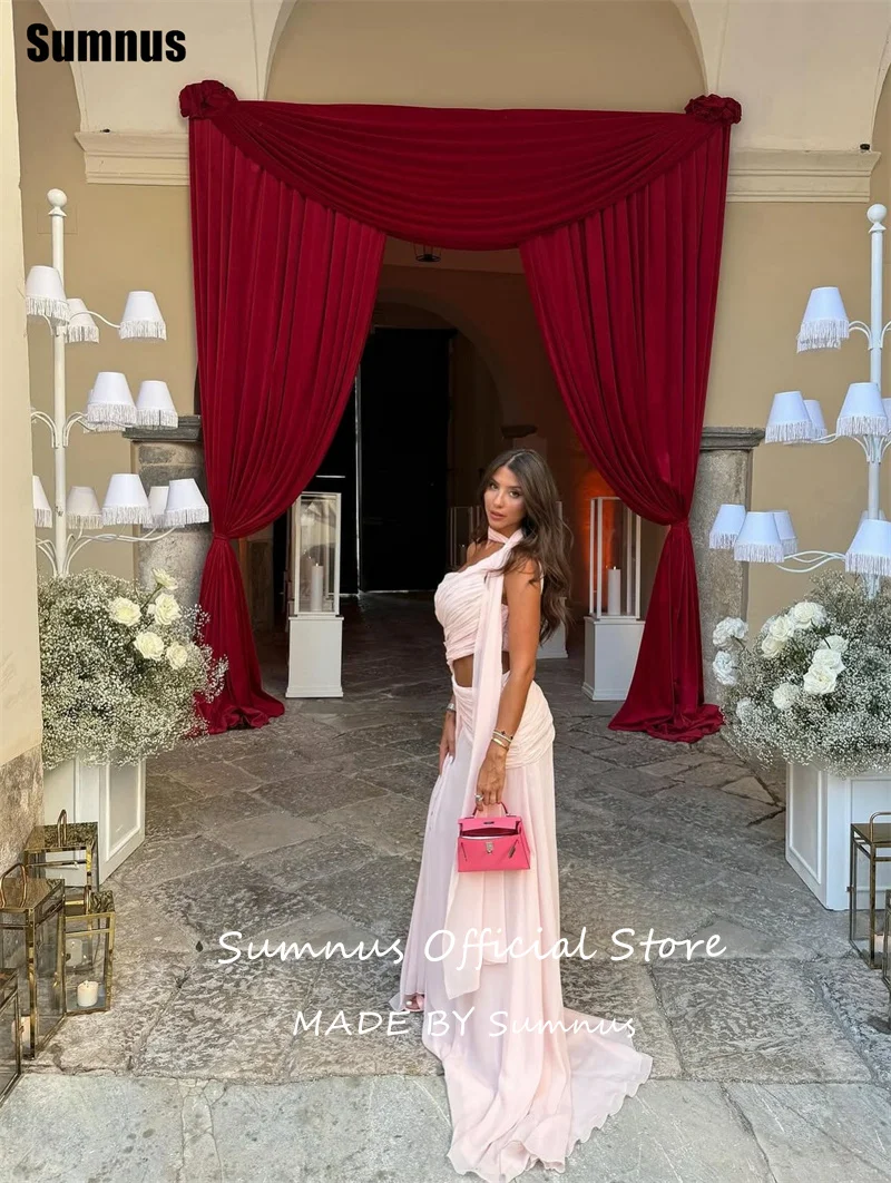 Sumnus Flowy Blush Pink Evening Dresses Chiffon Halter Ruched High Slit Midi Prom Dresses Wedding Guest Dresses 2026 Customized