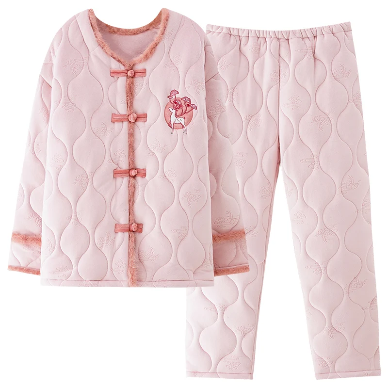 Winter Pajamas For Female Thick 3 Layers Island Fleece Quilted Sleepwear Suit 2 Pcs/set Pyjamas Homme Warm Casual Home Clothing