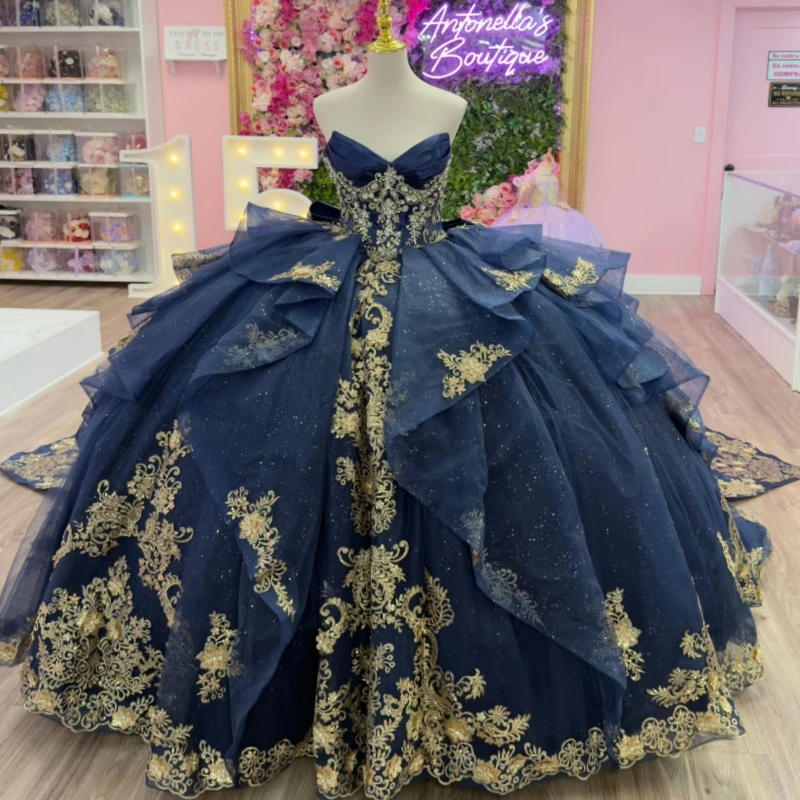 

Navy Blue Shiny Quinceanera Dresses Off Shoulder Ball Gown Sweet 16 Dress Applique Lace Beading Crystal Bow Tull Corset Birthday