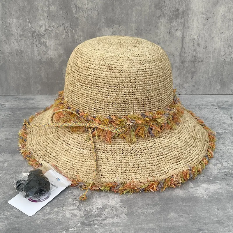 Women's Summer Raffia Foldable Wide Brim Bucket Hat Slim Face Sun Protection