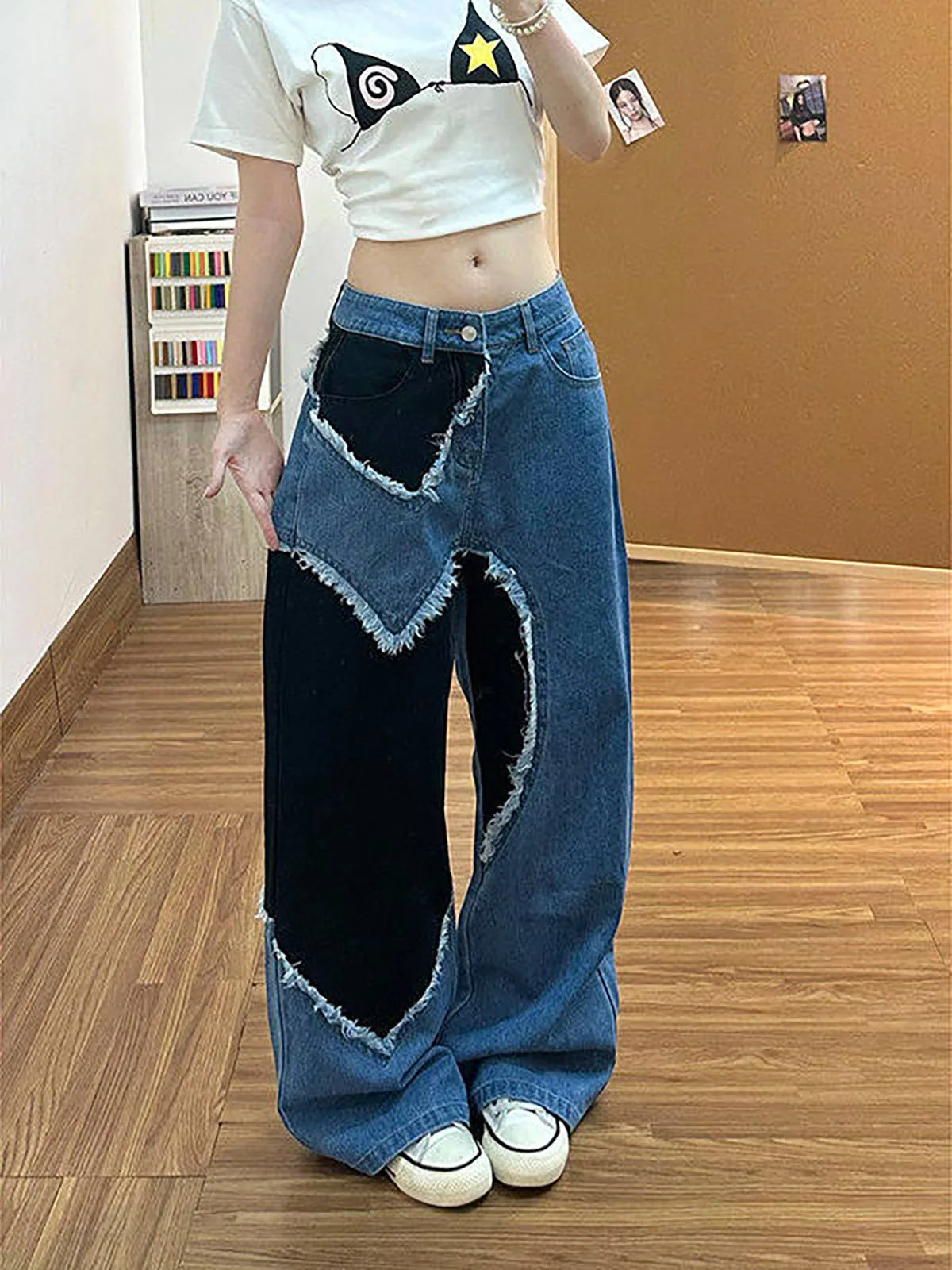 Black Wide Leg Harem Jeans Men Women Slim Fit Straight Leg Micro Flared Long Trousers Design Sense Heart Splice Hiphop Loose ...
