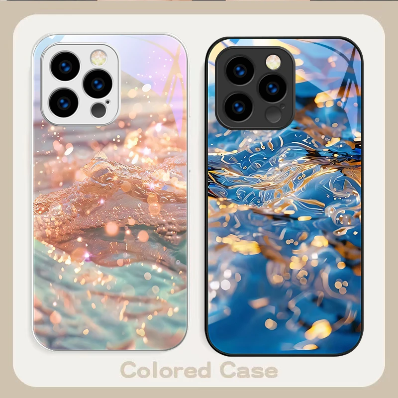 موجات ملونة زرقاء لهاتف آيفون 16 Plus 15 14 13 12 Mini 11 Pro Max X XS XR 7 8 Plus 2022 حافظة هاتف من الزجاج المقسى