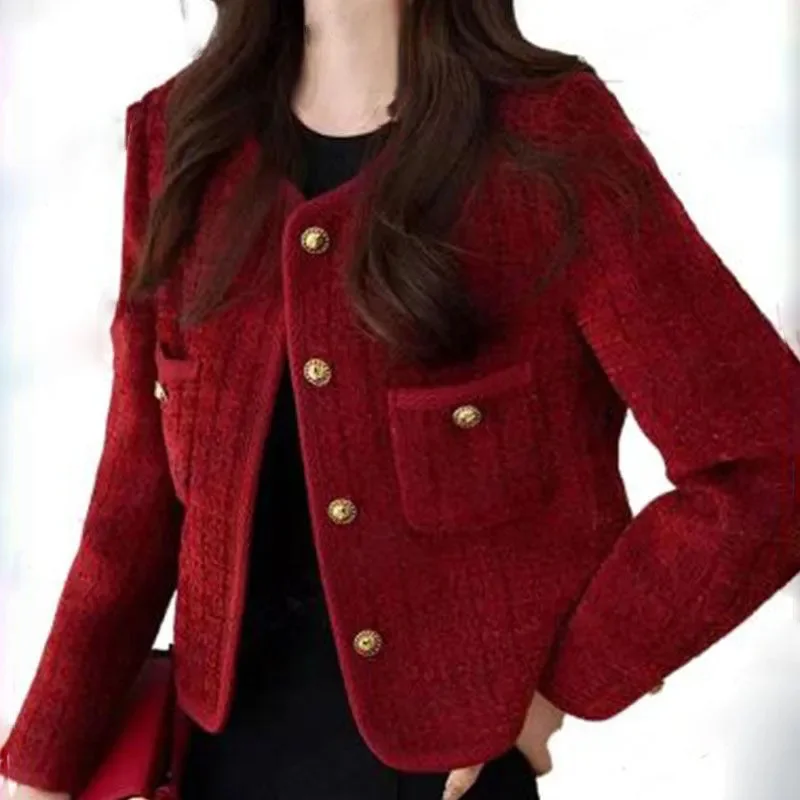 Women\'s Jacket 2024 Spring Autumn New Red Tweed Small Fragrance Coat Short Blazers Korean Fashion Elegant Female Tops Outerwear