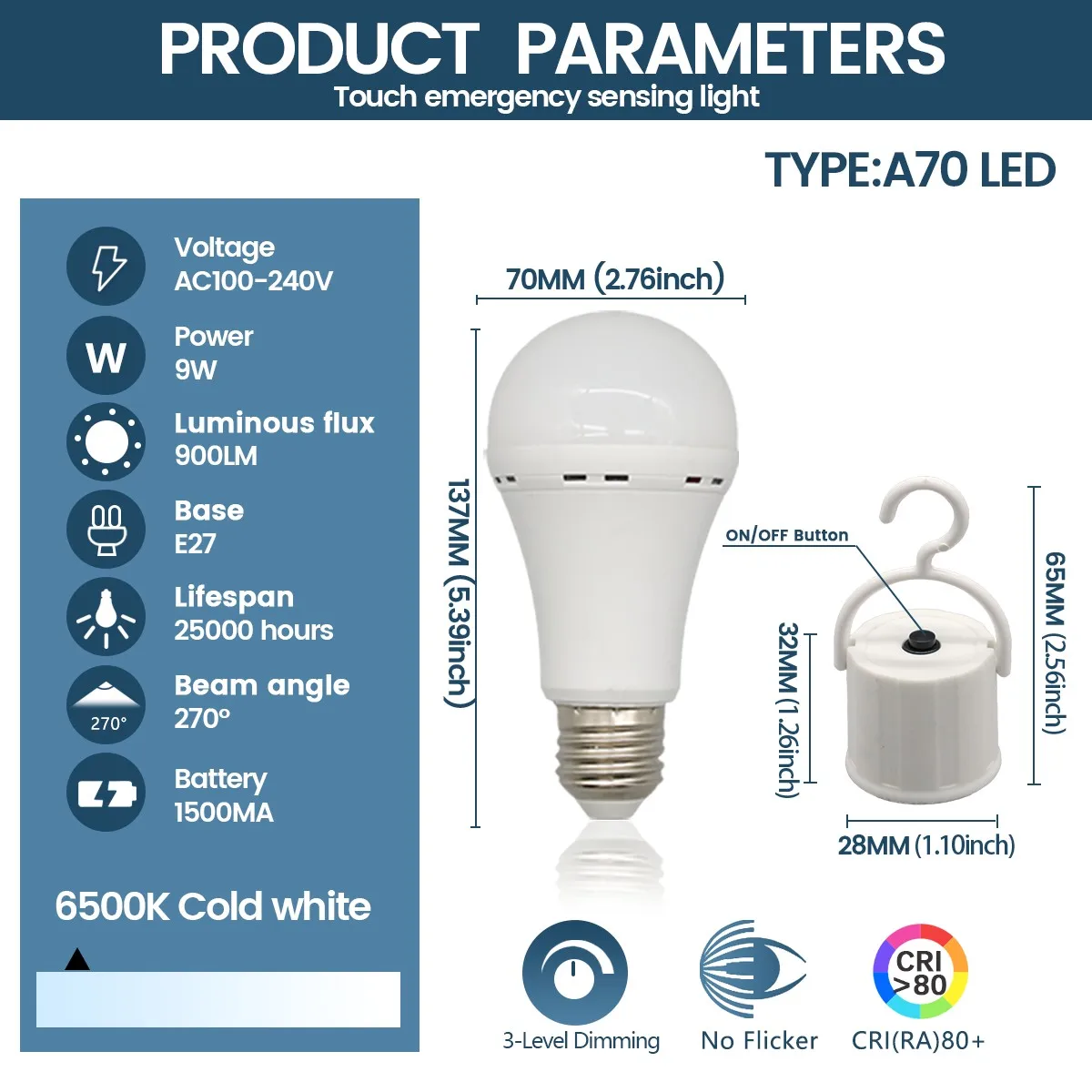 E27 9W LED Rechargeable Bulb Light 1500mAh Emergency Bulb 220V 110V for Home Power Outdoor Camping Failure Porch Garden Lamp