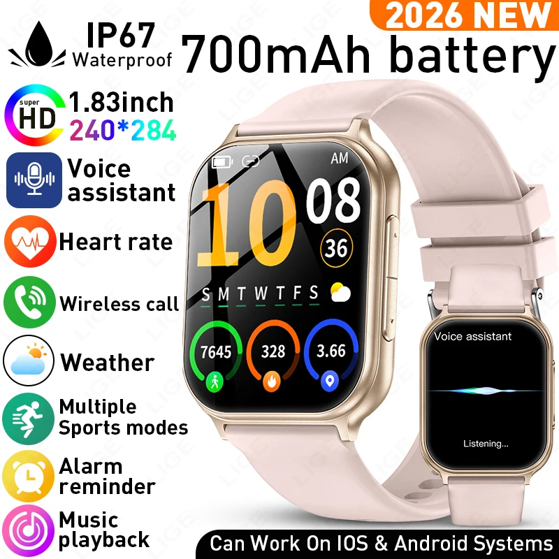 

LIGE Smart Watch 700mAh Battery 1.83" Inch HD Bluetooth Call Message Reminder Sports Women Men Smartwatch For Android IOS 2026