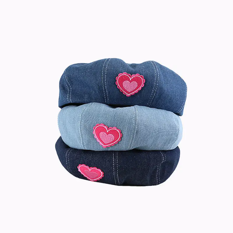 Pink Love Denim Beret Hats Women Travel Shows Face Versatile Retro Painter Cap Japanese Beretssboy Caps Casual NEW