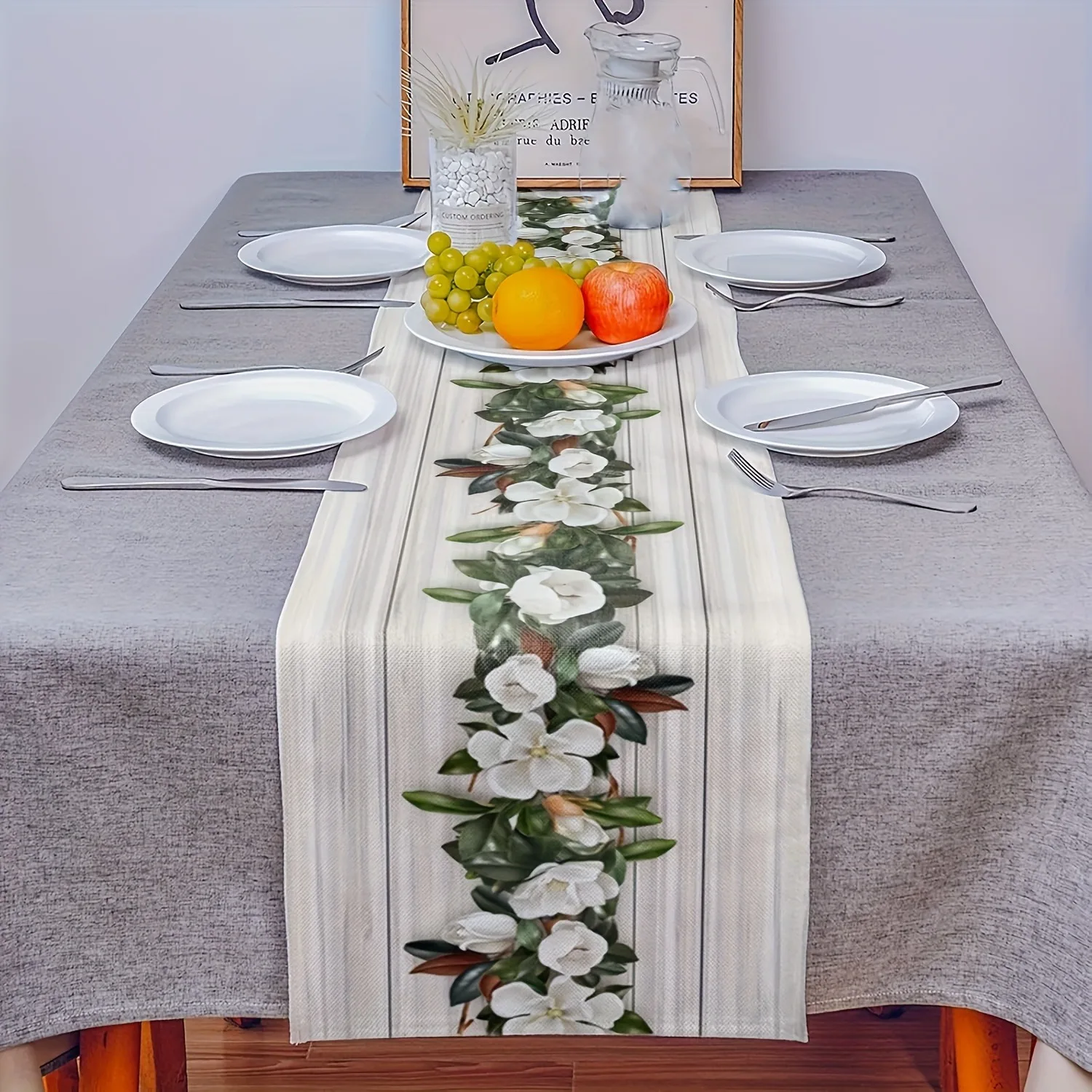 White Magnolia Floral Table Runner, Vertical Stripe Wood Grain Printed Fabric Table Scarf, Farmhouse Botanical Style Centerpiece