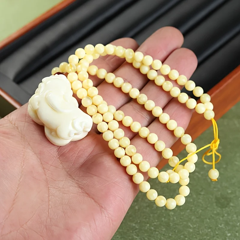 Russian White Flower Amber Beeswax Engraved Necklace Pendant Sweater Chain Necklace