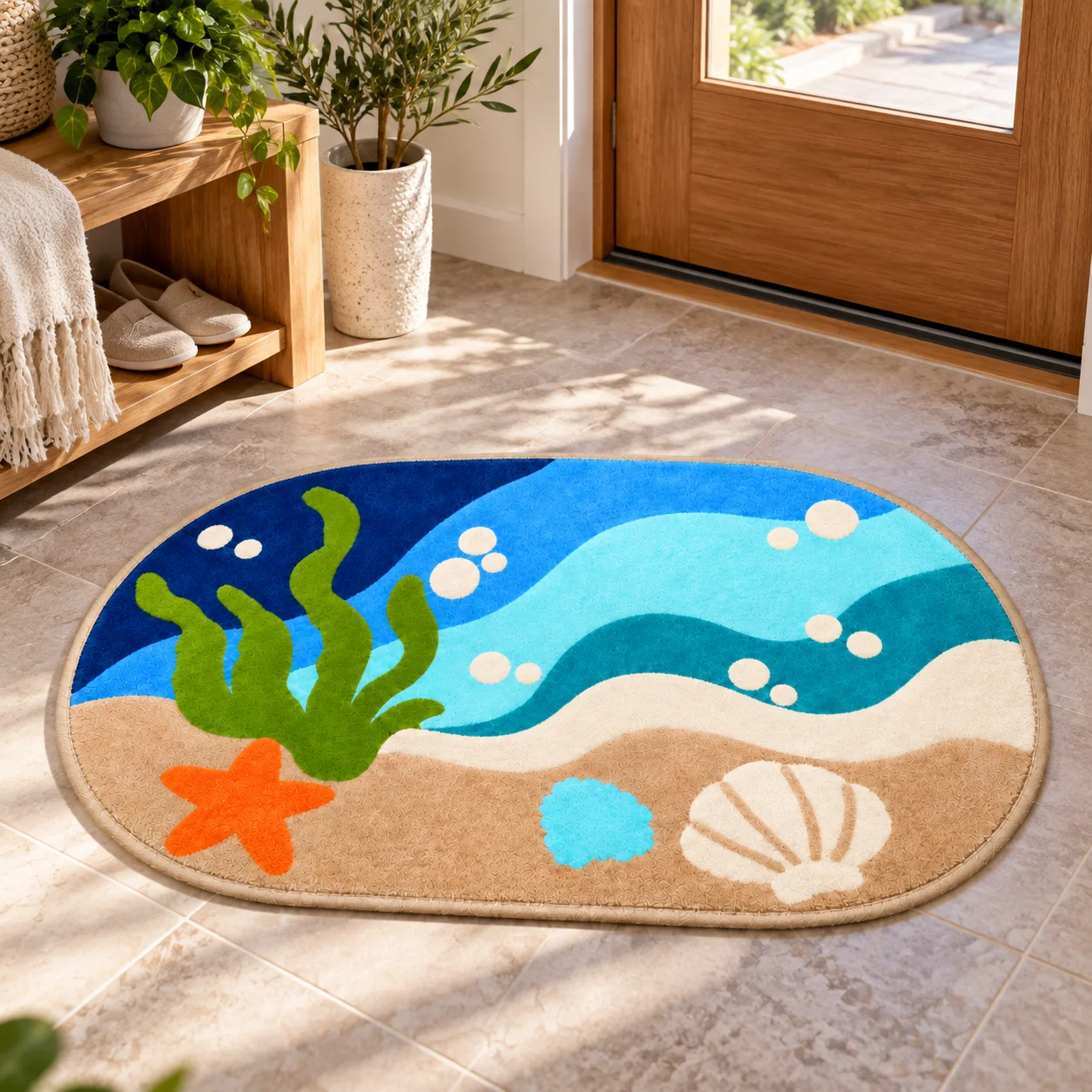 Ocean Beach Shaped Area Rug Soft Short Plush Seaweed Shell Starfish Coastal Floor Mat for Bathroom Bedroom Entryway Home Decor