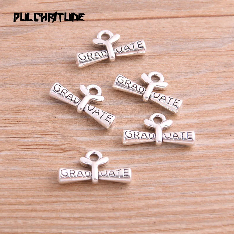 10PCS 11*21mm Two Color Bachelor Cap Charms Letter GRADUATE Pendant Jewelry Metal Alloy Jewelry Marking