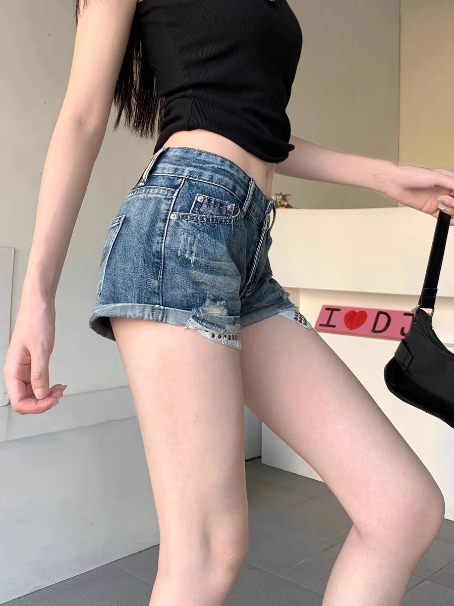 RORORIRI Vintage Rivetti Vita bassa Pantaloncini di jeans Donna Blu Lavaggio Distressed Strappato Sottile Orlo arrotolato Bootypants Grayu Y2k Streetwear