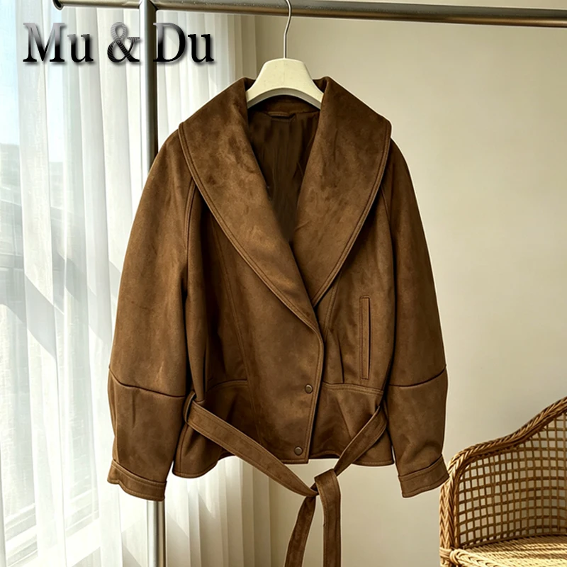 Women's Faux Suede Cropped Coat Jacket Belted Notched Lapel Lace-up RetroOuterwear Chic Outerwear Autumn Winter High Street
