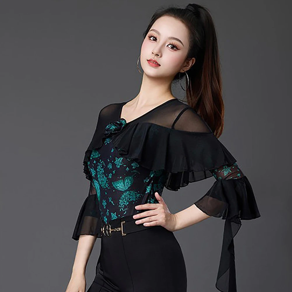 

Standard Dance Competition Top for Women: Waltz Mid-Sleeve Ballroom Dancing Ribbon V-Neck 3D Floral Print Mesh Top