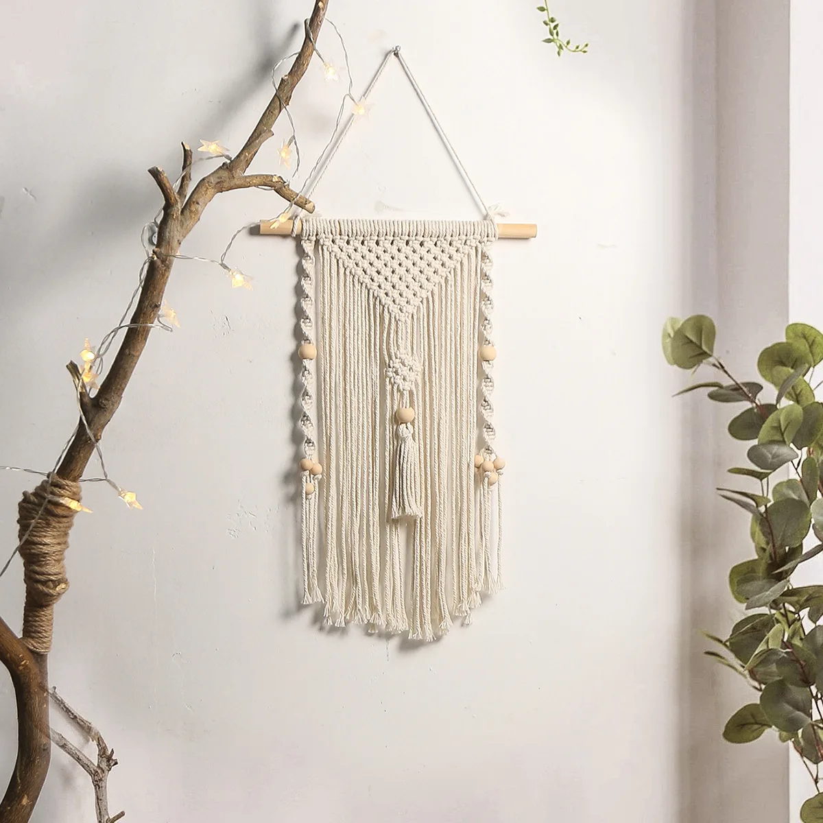 Bohemian Handwoven Wooden Beads Tassel V Shape Tapestry Macrame Cotton Rope Tassel Tapestry Home Decorations Wall Hangings