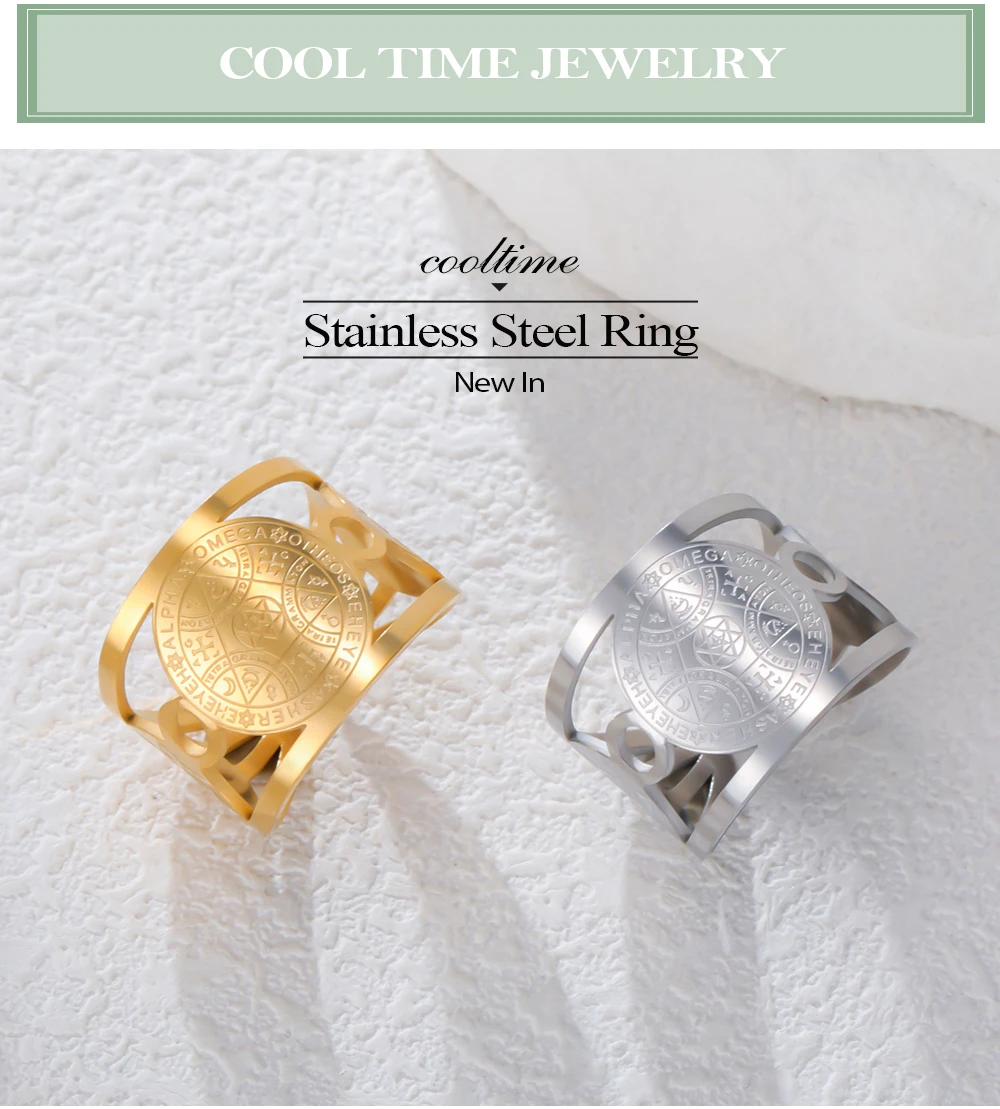 COOLTIME Engel Siegel Offene Ringe Edelstahl Vintage Magischer Schutz Amulett Hexagramm Ring Schmuck Geschenk – Detail 1