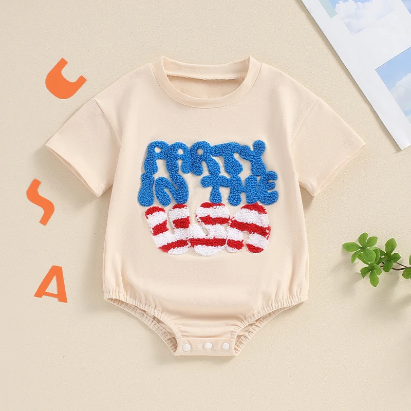 

2024-03-28 Lioraitiin Baby Girls Boys Independence Day Romper Short Sleeve Crew Neck Embroidery Letters Summer Jumsuit Clothes