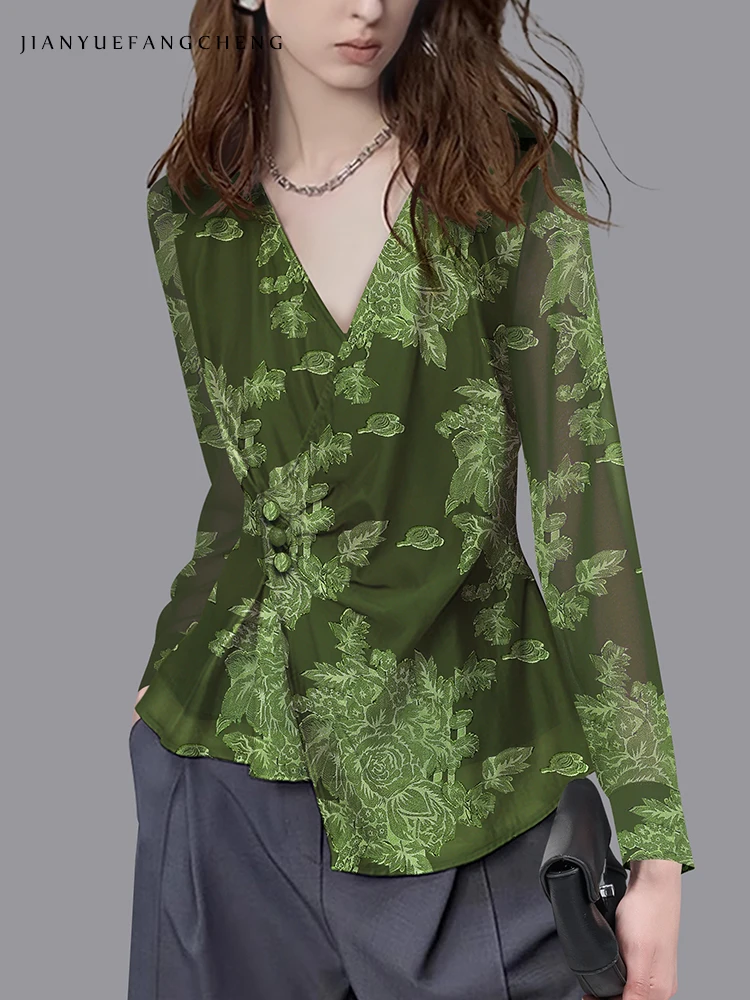 Women Long Sleeve V-Neck Green Chiffon Embroidered Blouse See through Asymmetrical Vintage Casual Floral Shirts Button-down Tops