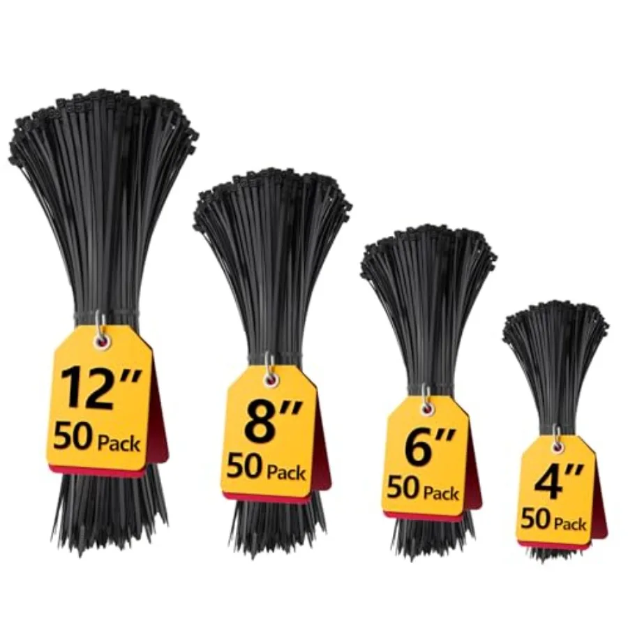 

Black Zip Ties Assorted 12+8+6+4 inch, 200 Pack, Cable Ties, UV Resistant Wire Ties for Outdoor Use, Tie Straps
