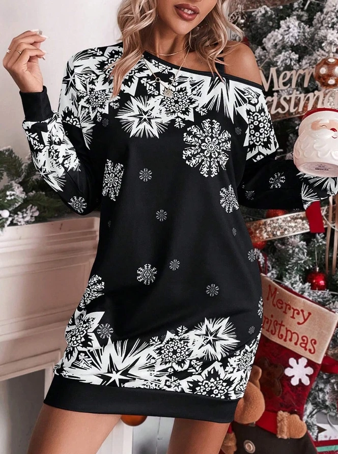 Autumn and Winter Fashionable Dress Christmas Printed Slanted Shoulder Dress Tight Fitting Hip Hugging Sexy Dress for Women