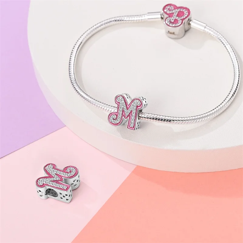 New 100% 925 Sterling Silver 26 Pink Princess Shiny Letter Charms Beads Fit Pandora 925 Original Bracelets DIY Birthday Jewelry