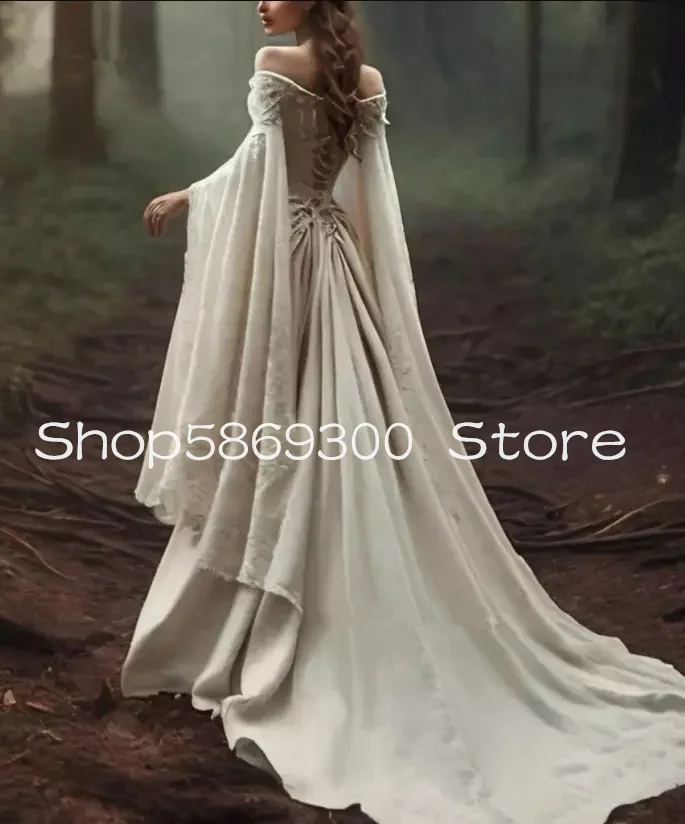 Vestido de novia de época renacentista Medieval con capa con hombros descubiertos, manga larga, encaje marfil, corte en A, vestido de novia Vintage personalizado
