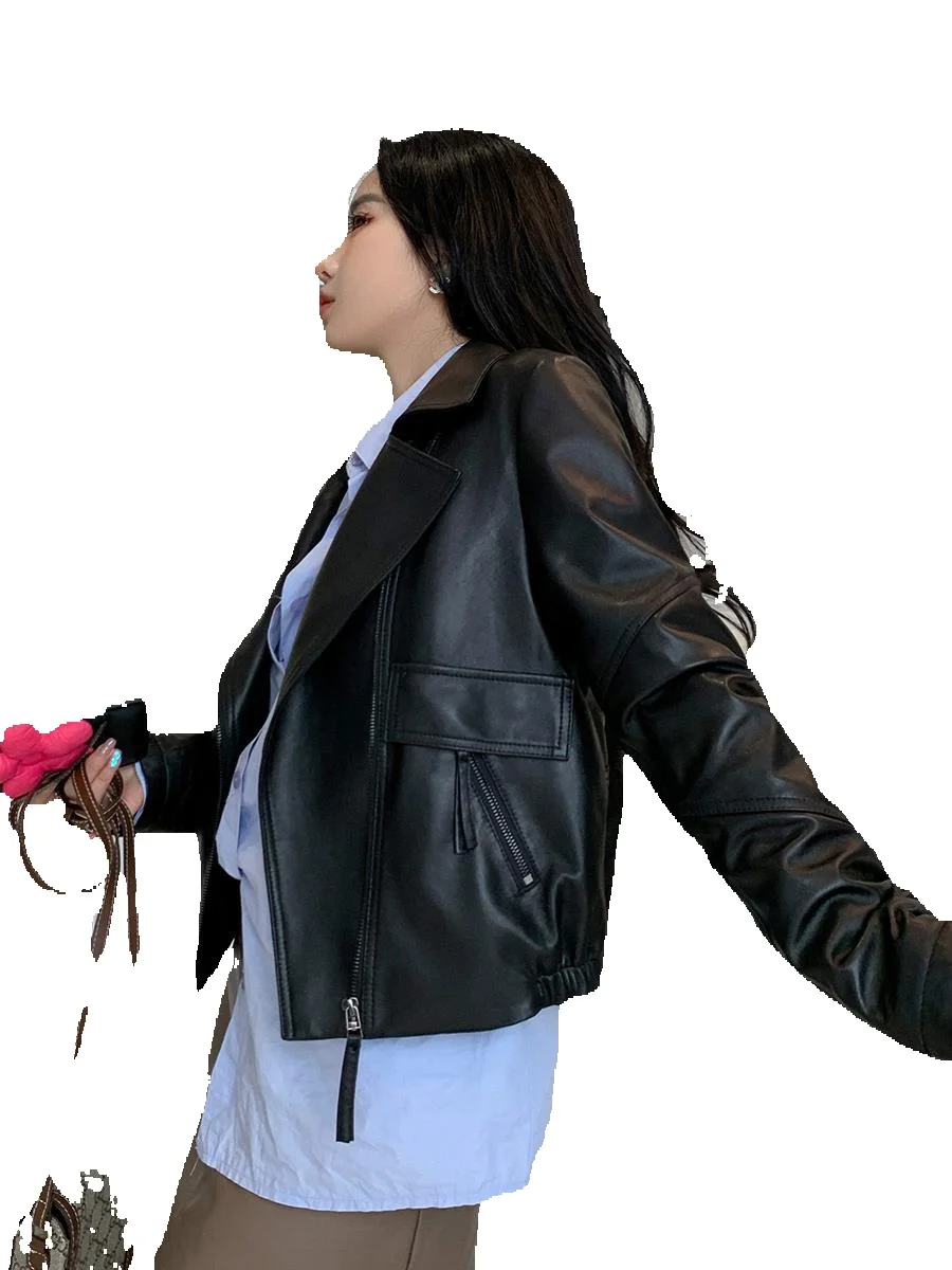 Chaqueta de cuero de piel de oveja para mujer, Chaqueta corta negra para motocicleta, nueva