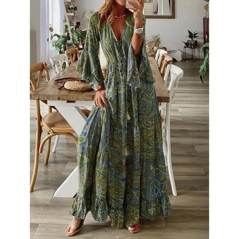 Bohemian Vintage Women's Dress Casual Women Summer Dress for Beach V-Neck Floral Printing Dresses for Woman 2023 Luxury Fashion