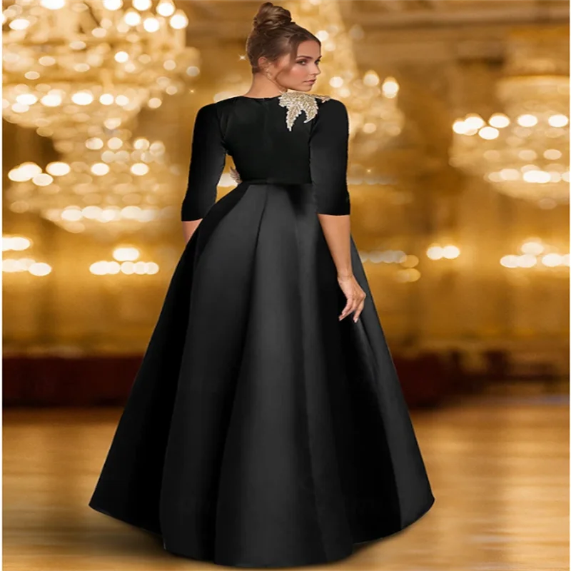 A-Linie, bodenlanges Abendkleid, Ballkleid, formelles Kleid, elegant, seidig, lange Ärmel, Rundhalsausschnitt, Hochzeit, formeller Satin mit Glitzer