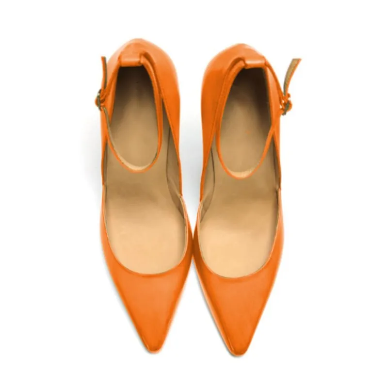 

SHOFOO Fashionable women's high heels. Orange leather single shoes. About 110.5 cm heel height. Crystal heel. Pointed toe shoes.