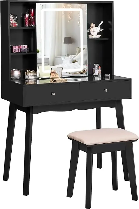 

Vanity Desk with Mirror and Lights,Makeup Vanity with Lights,Black Vanity Set,Makeup Desk with 3 Color Lighting,Dressing Table