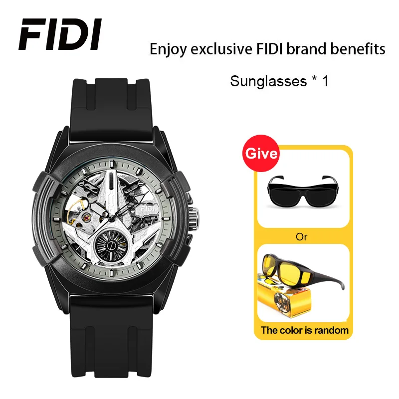 

FIDI High Quality Luxury Man Automatic Watch Hollow Out Fully Mechanical Men's Silicone Strap Watches Waterproof Gift FD114
