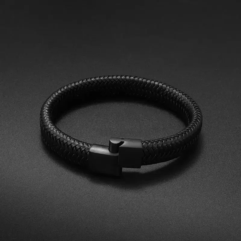 Classic Single Layer Black Woven Leather Bracelet with Metal Magnetic Buckle Men\\'s Business Casual Trendy Jewelry Gift