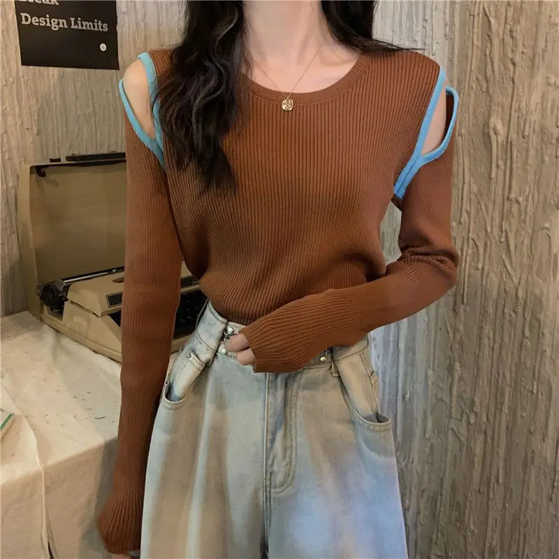 

Off Shoulder Spliced Pullovers Women's Clothing Contrasting Colors Autumn Winter Korean Basic O-Neck Long Sleeve Knitted T-shirt