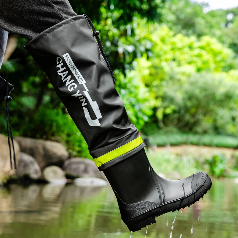 

Мужские модные высокие резиновые сапоги для дождя, водонепроницаемые рабочие сапоги с длинным голенищем, нескользящие уличные сапоги для рыбалки