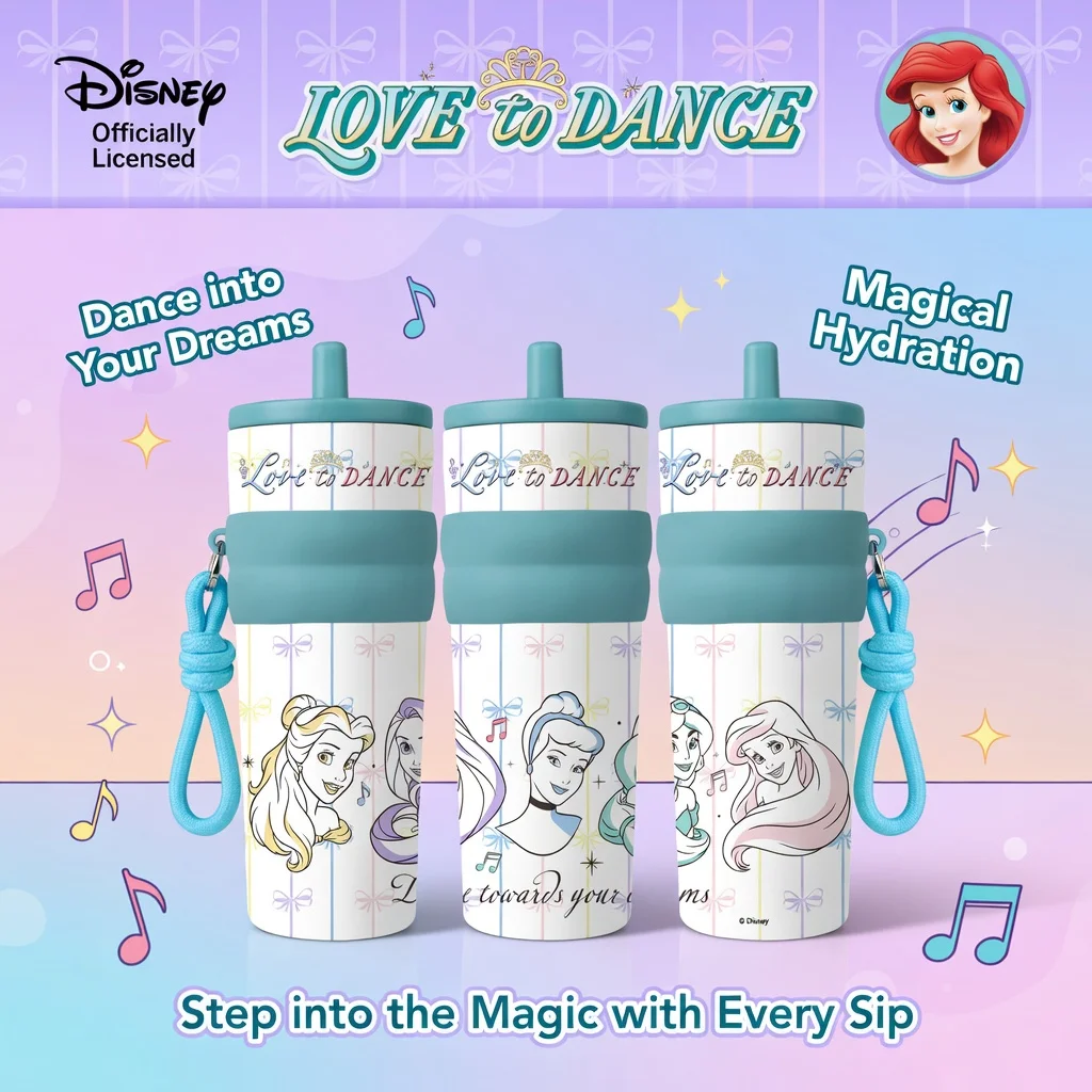 1pc 25oz Disney Princess Stainless Steel Tumbler Insulated Travel Mug with Straw Hanging Rope Portable Cup for Office Outdoor