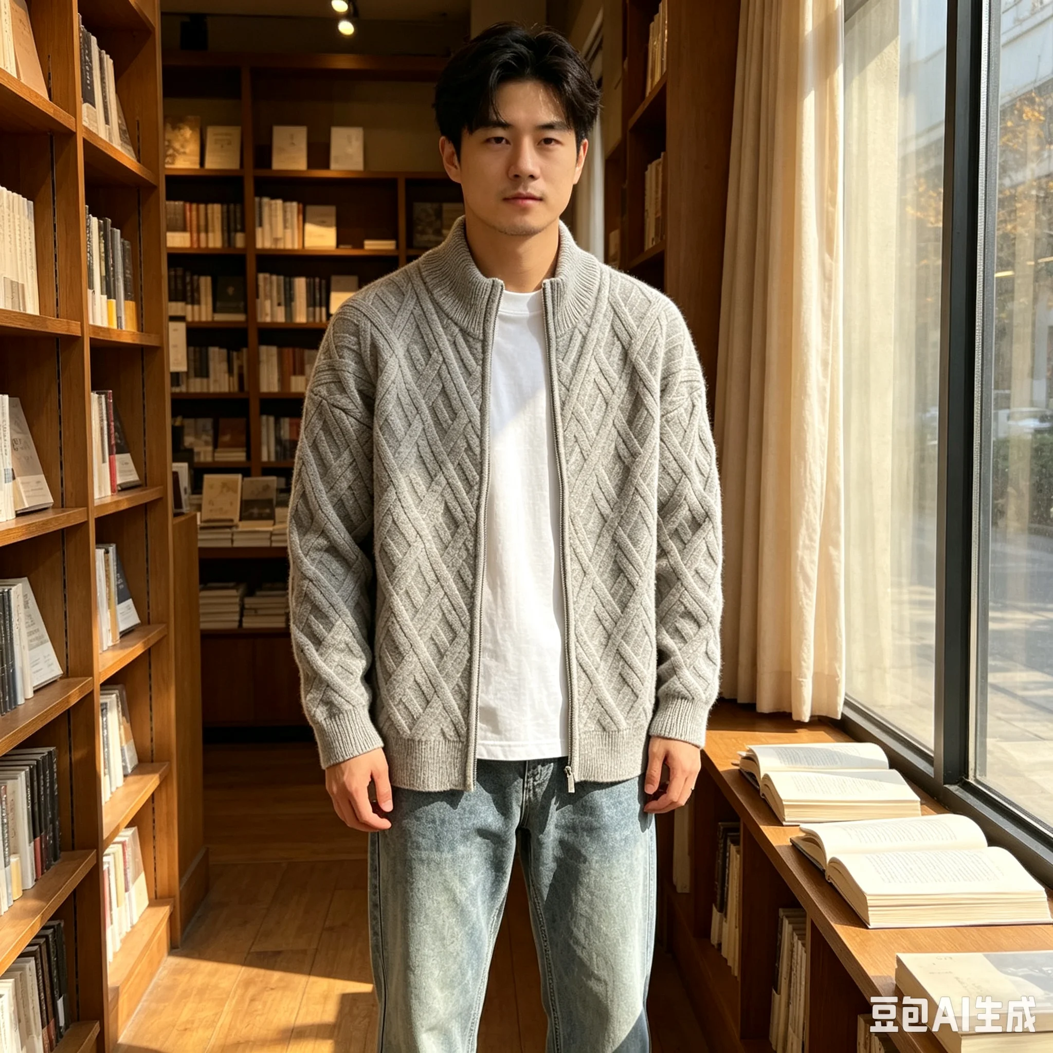 Stand up collar cardigan zipper knitted jacket for men's spring and autumn 2026 new style high-end diamond grid sweater jacket