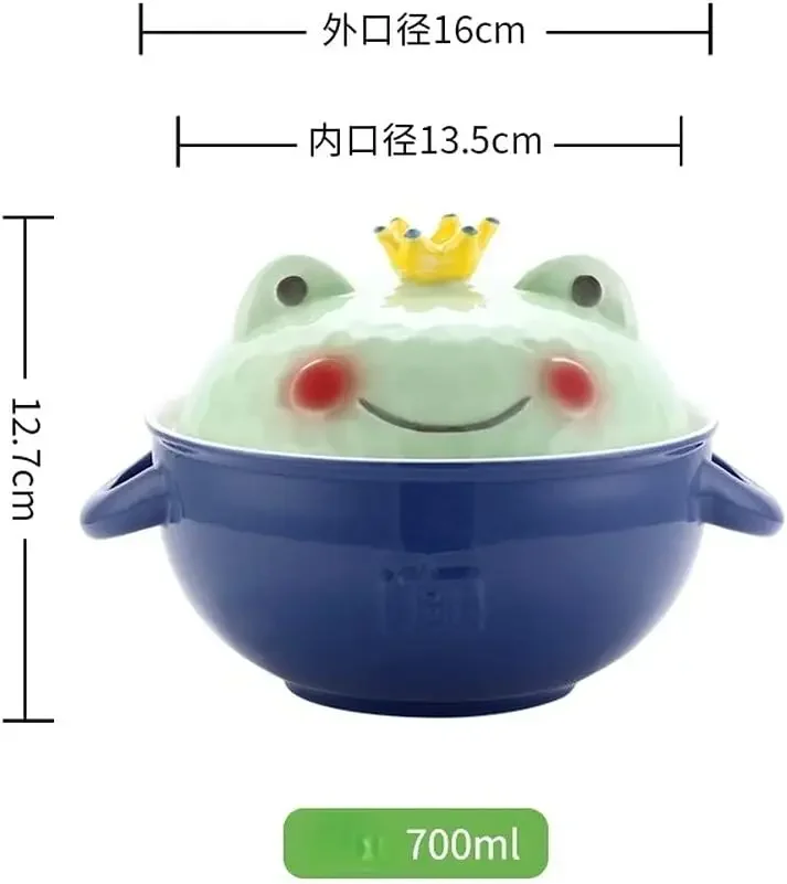 Ceramic Ramen Soup Bowl with Lid and Handle, Instant Noodle Bowl, Cute Frog Bowl for Home Student Dormitory, 1 PC, 700 ML-Cute