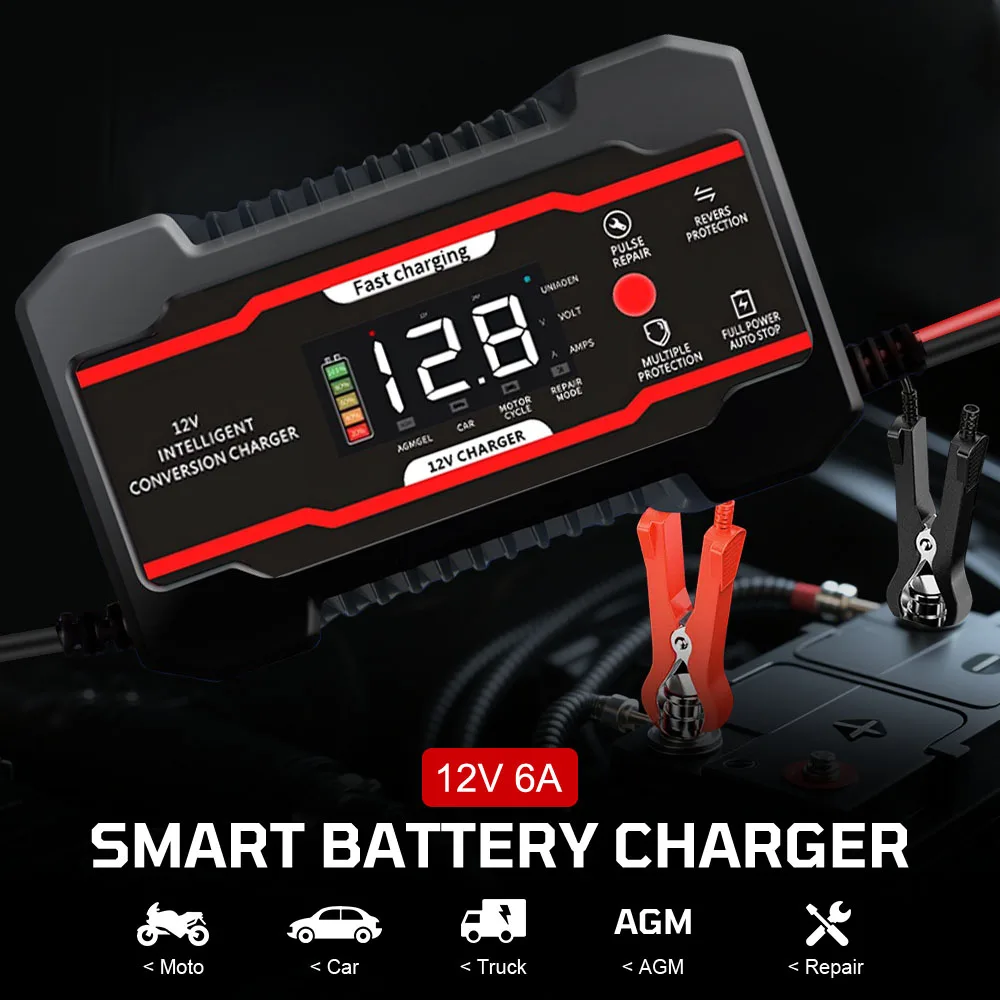 

Start-Stop Multiple Protection Car Battery Charger Universal Digital LCD Display Battery Maintenance 12V 6A