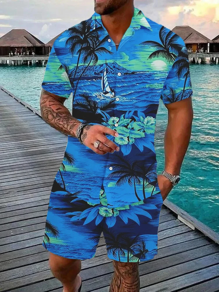 Men's Shirt Set Beach Hawaiian Two-piece Summer Shirt Shorts Set Casual Outdoor Short Sleeve Men Clothing Fashion Men's New Top