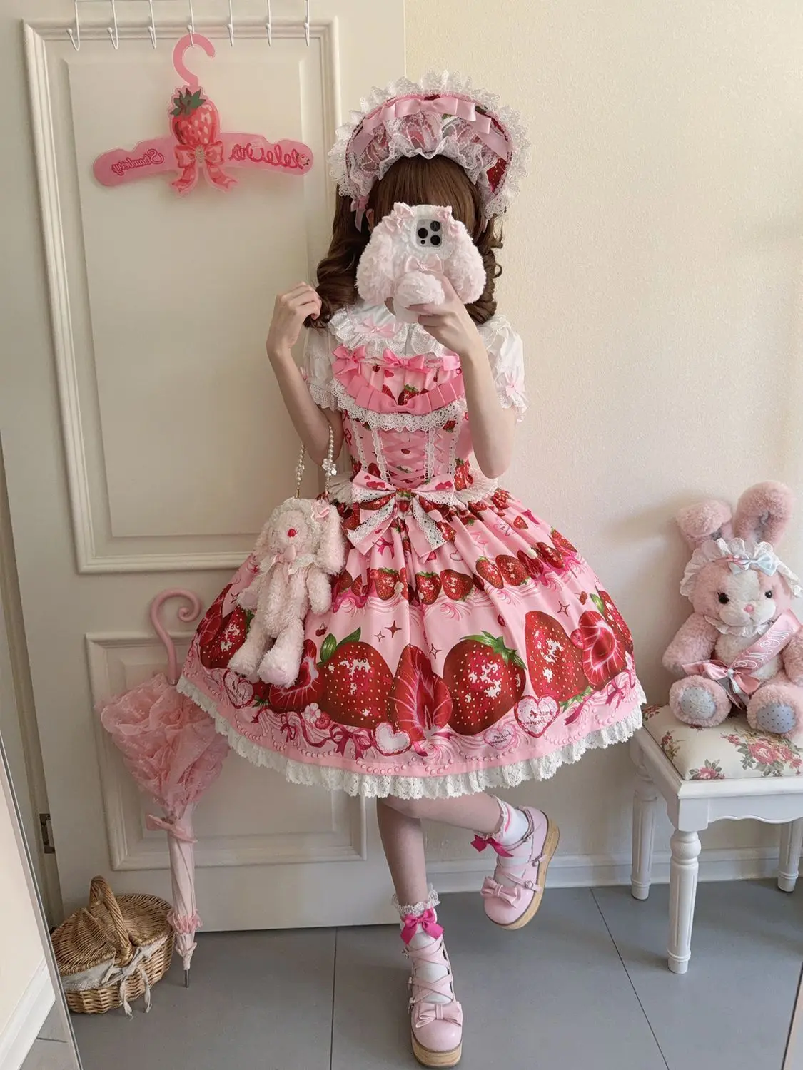 اليابانية الحلو لوليتا الفراولة الحمالة فستان المرأة Kawaii لطيف طباعة Jsk تأثيري فساتين حفلات الأميرة فستان خمر