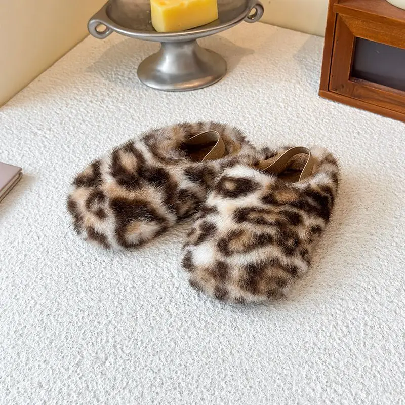 2026 Autumn Winter Kids Leopard Print Furry Girls Slippers Thermal Non Slip Plush Indoor Casual Shoes for Children Students