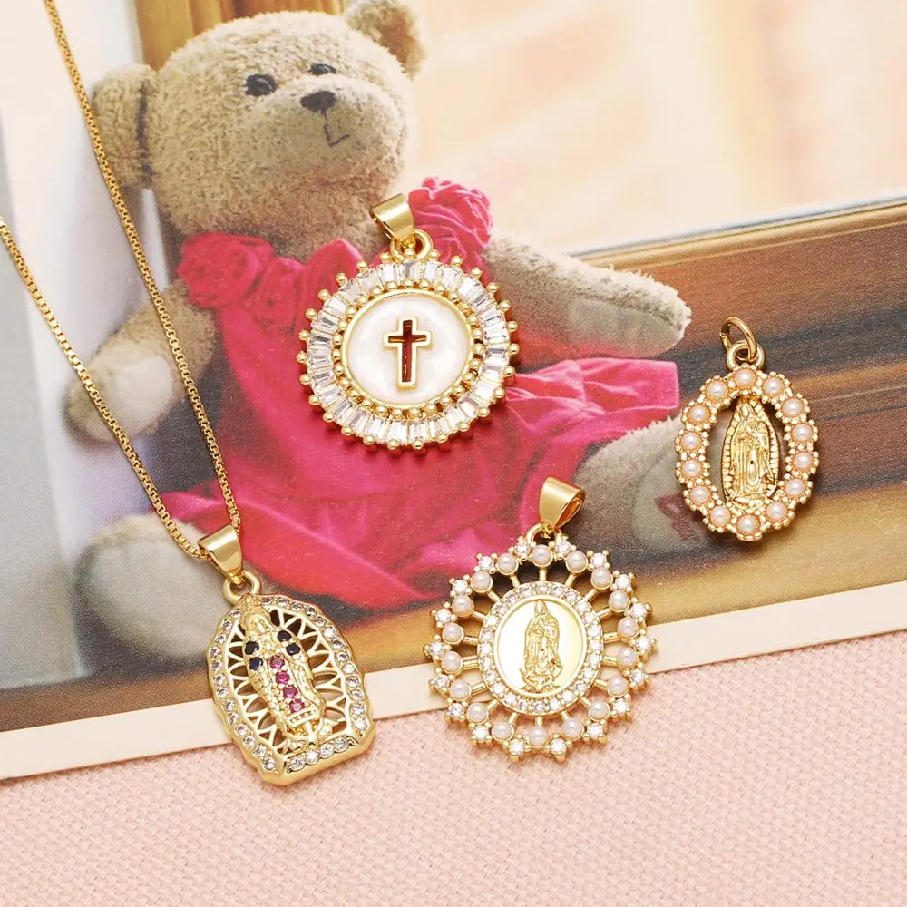 OCESRIO Crystal Virgin Mary Pendant Copper Gold Plated Cross Catholic Medal Charm for DIY Jewelry Making Component pdta488
