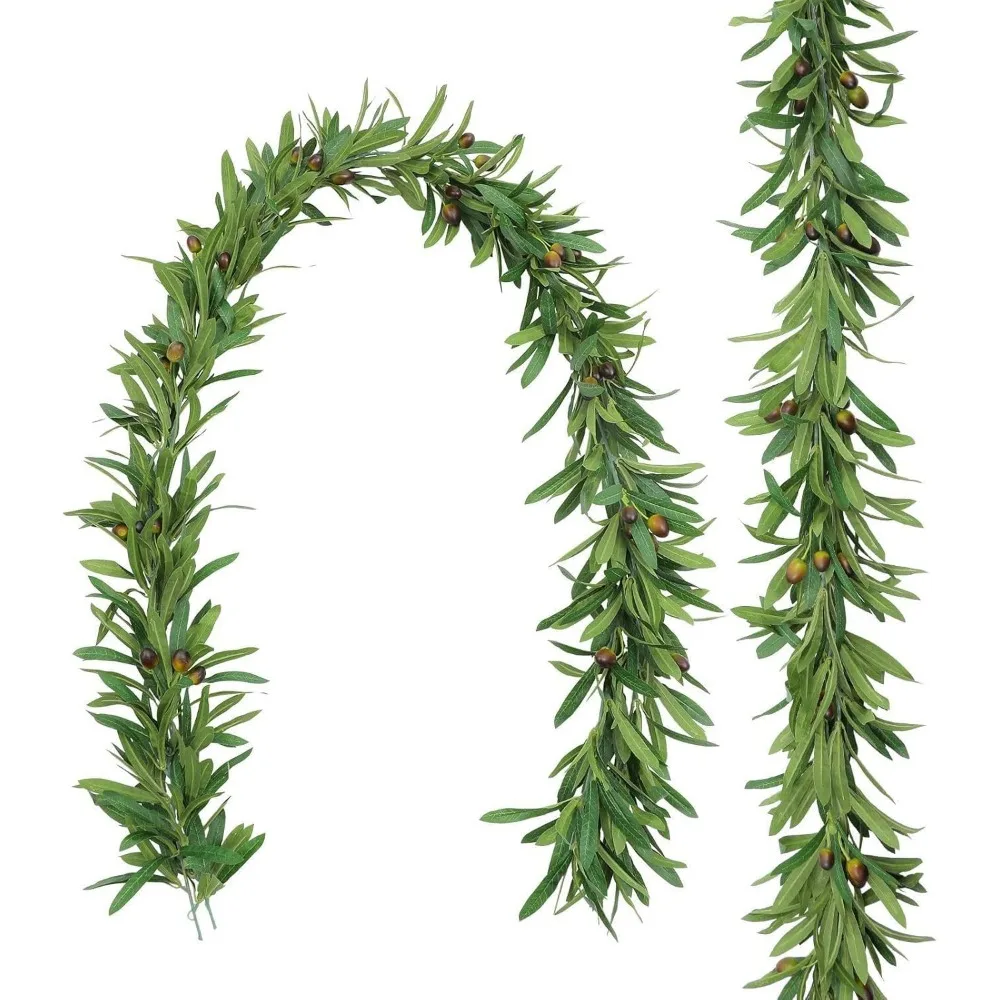 Guirnalda de vid de hoja de olivo Artificial de 6 pies, rama de aceitunas falsas, guirnalda de hiedra verde colgante con frutas falsas para telón de fondo de boda Ho