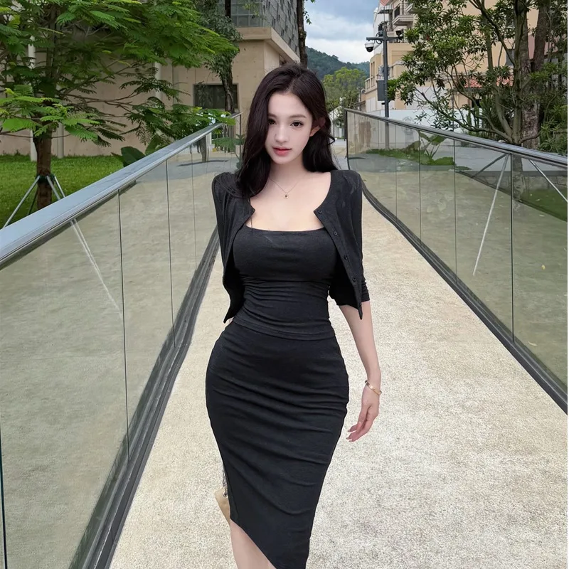 Fall Season High Elasticity round Neck Button Cardigan with Chest Pad Strap Vest Top And Half Skirt Three Piece Set Women's F...
