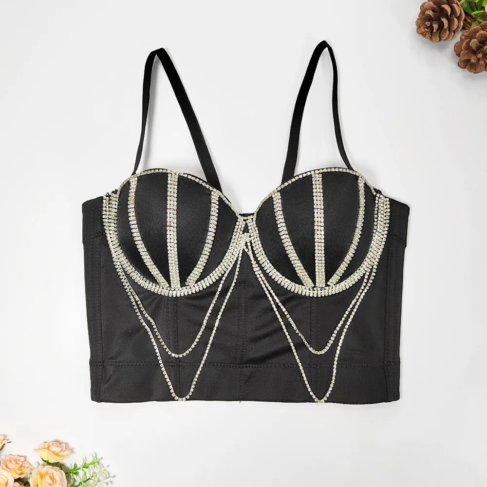 

New Fashion Sexy Rhinestone Chain Beaded Bandeau Fishbone Camis Women Sleeveless Short Bustier Corset Crop Tops Clothes J563