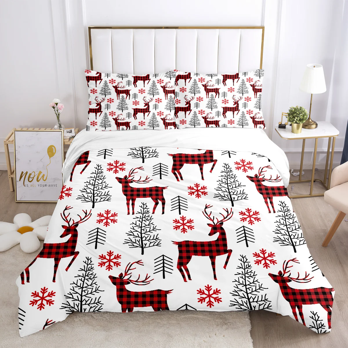 3pcs Merry Christmas Duvet Cover Set Plaid Snowflake Xmas Tree Deer Print Bedding Set Soft Comfortable Duvet Cover, For Bedroom