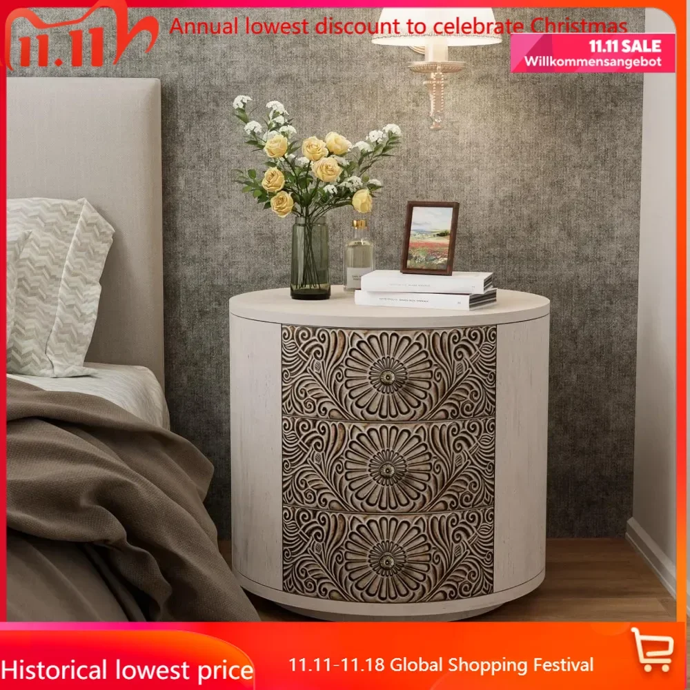 

3 Drawer Chest of Drawers, 20 inch MDF Round Storage Cabinet, Retro Whitewash Finish Nightstand, Wood Bedside Table with