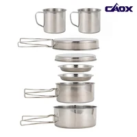 CAOX Juego de Utensilios de Cocina para Acampar de 8 Piezas, Juego de Ollas y Sartenes de Acero Inoxidable con Platos y Tazas para Senderismo y Excursionismo al Aire Libre